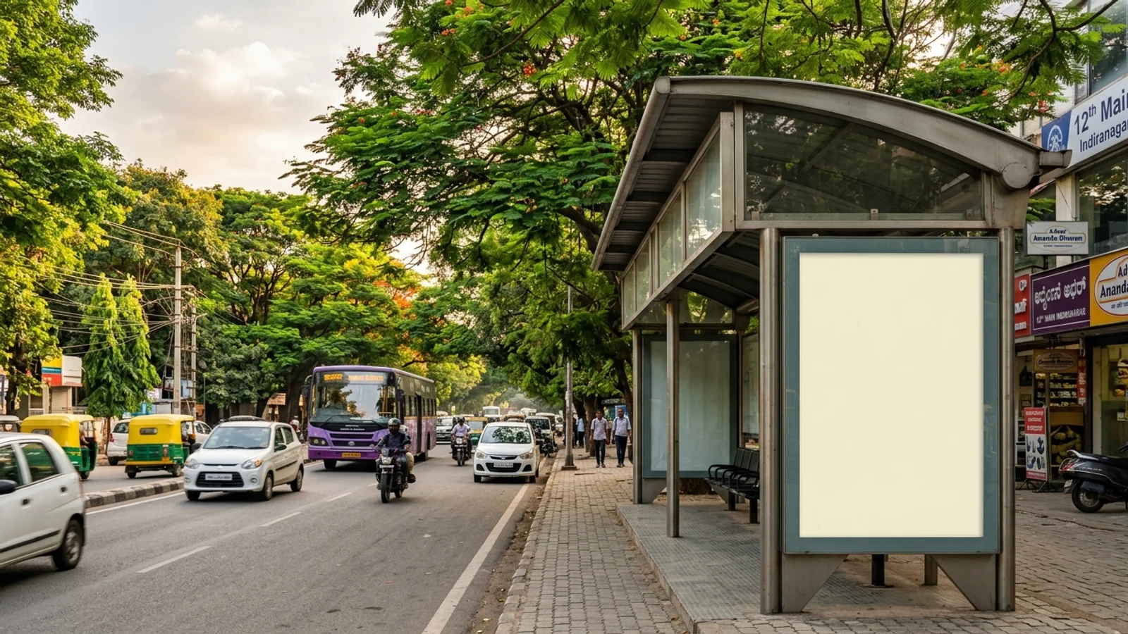 Bus Queue Shelter at J. P. Nagar, Bangalore — back-lit outdoor advertising