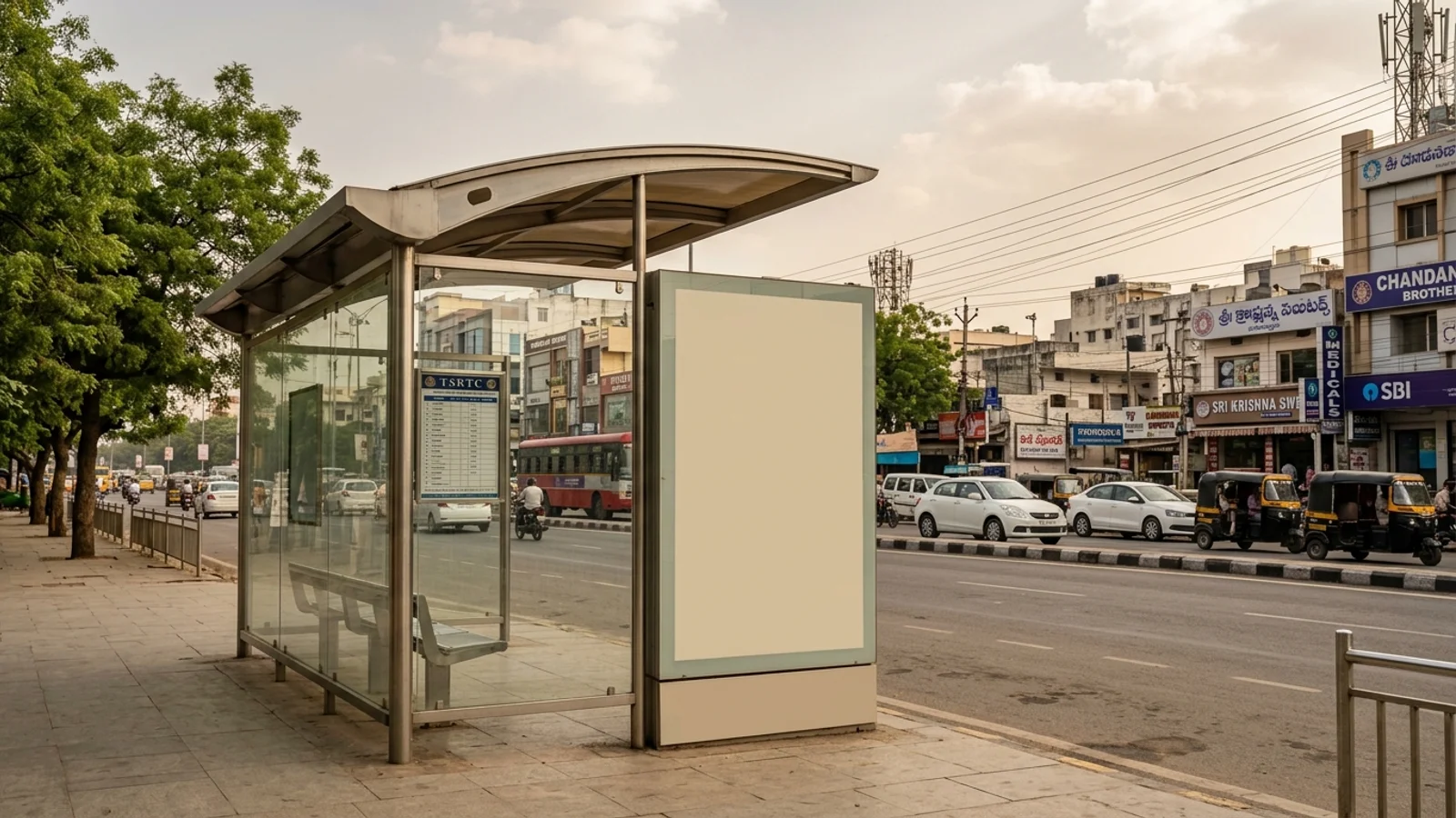 Bus Queue Shelter at Sanath Nagar, Hyderabad — back-lit outdoor advertising