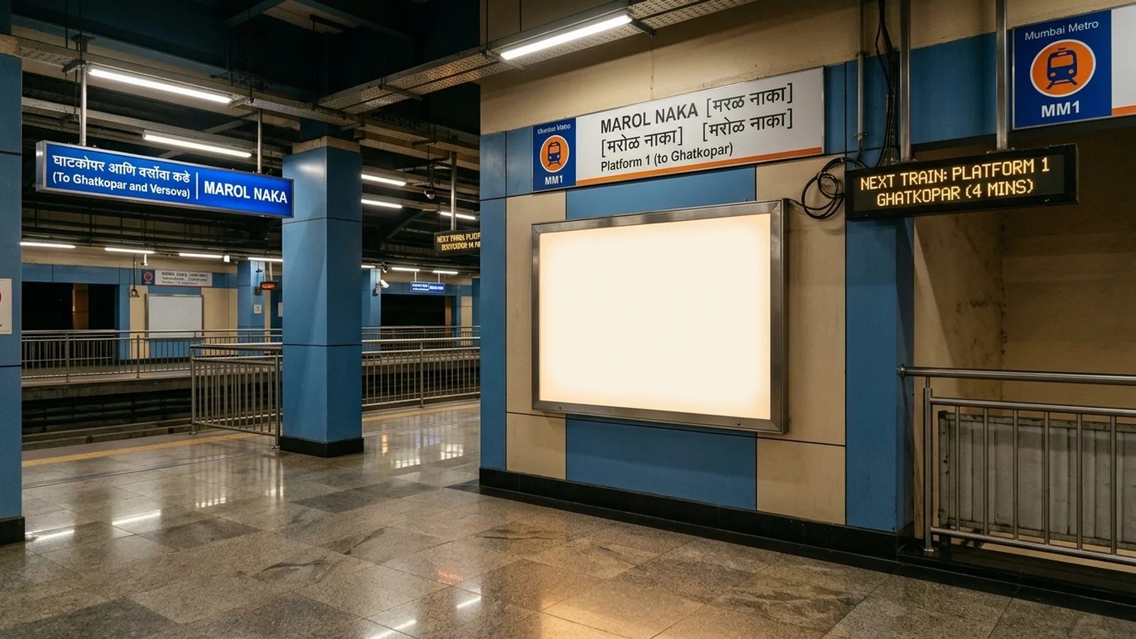 Metro Platform Board at Ghatkopar,, Mumbai — non-lit transit advertising